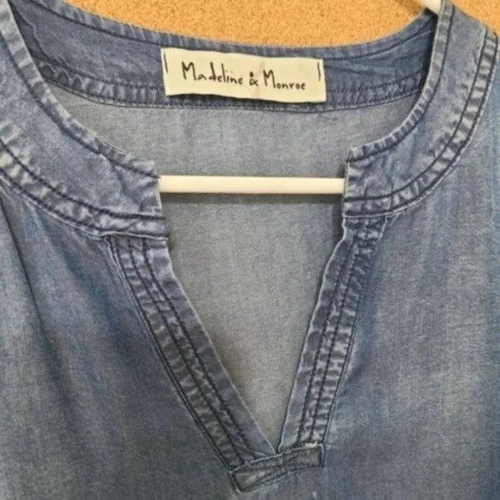Madeline & Monroe Blouse Blue Chambray, Bell Sleeves Top Size S